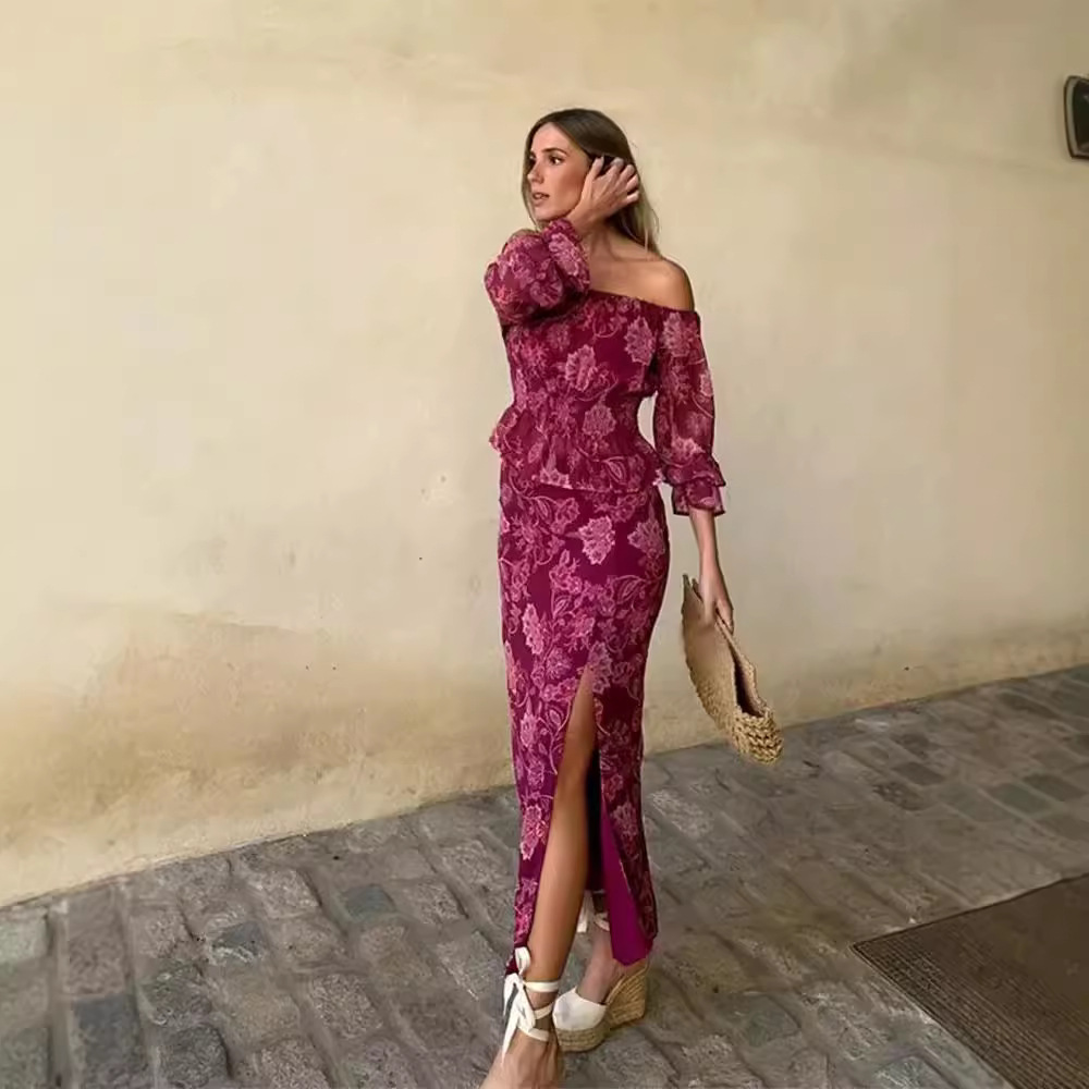 Blouse Off Shoulder - Women's Fashion Printed Off-Shoulder Rose Red