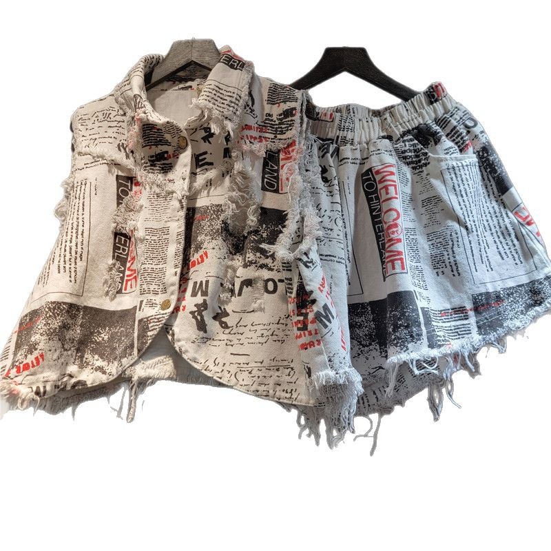 Shorts Denim Frayed - Chic Women Newspapers Letters Printed Fringed
