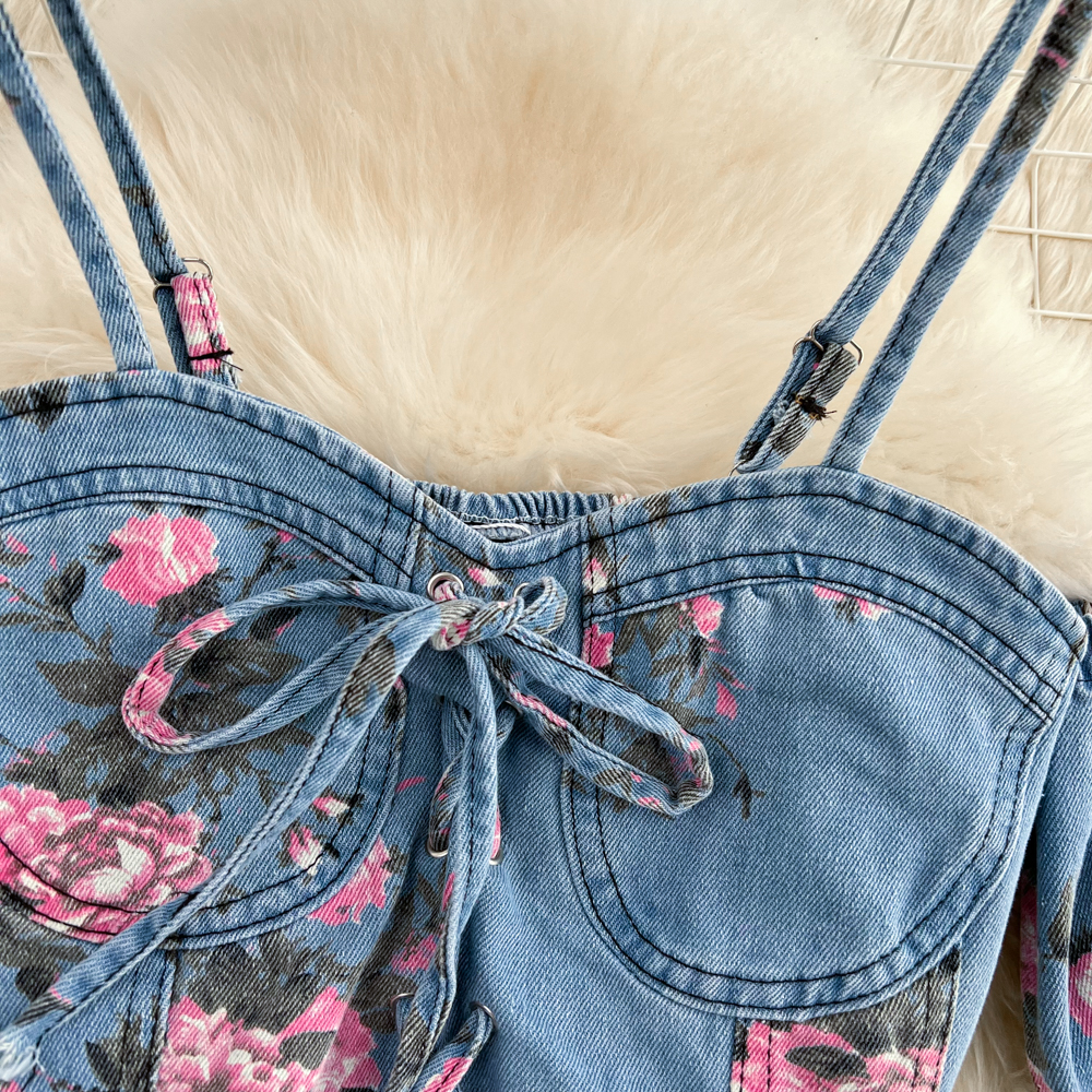 Fashion Floral Print Denim Ski - Romper Floral Print review and price