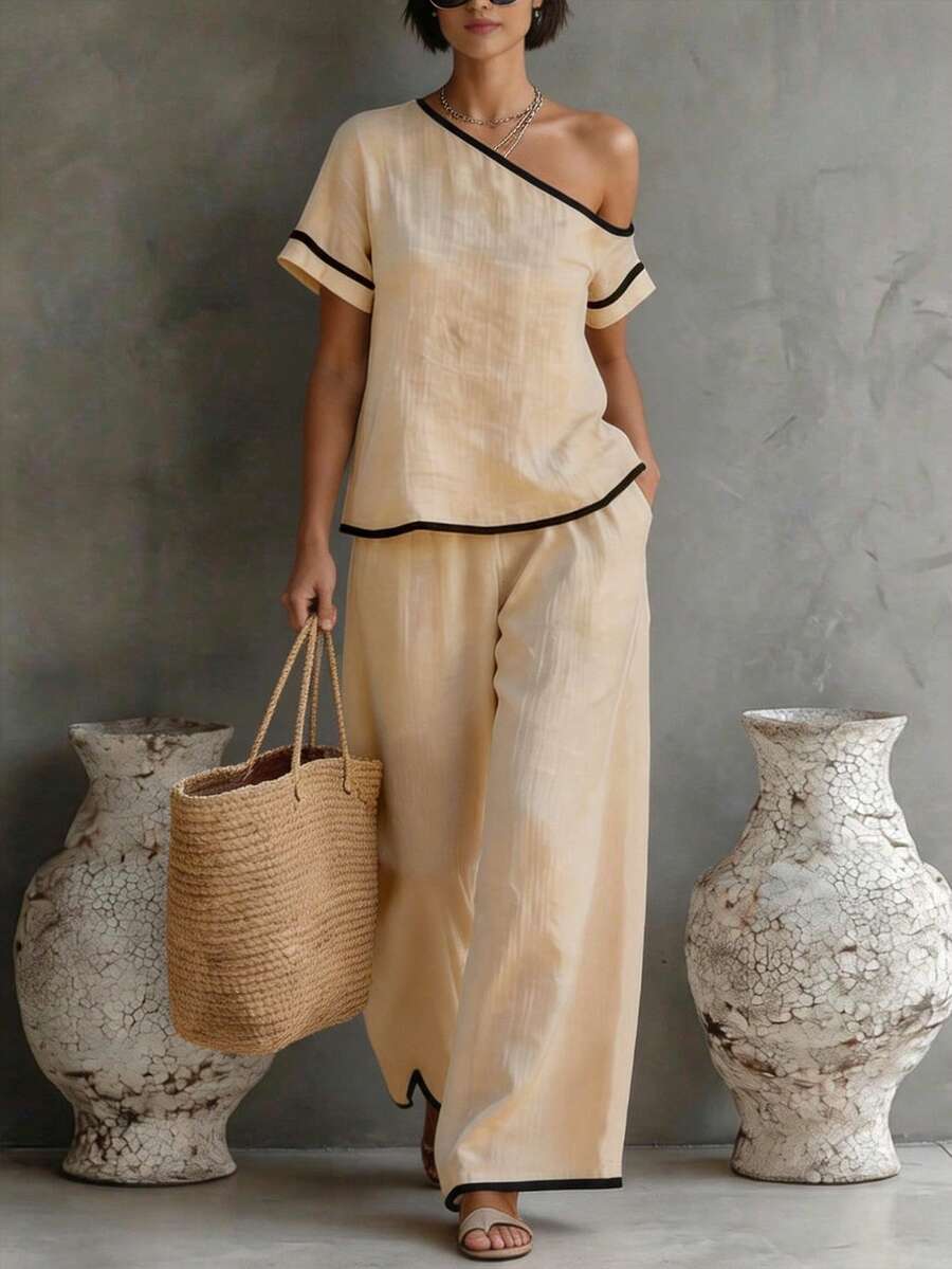 Womens Beige Asymmetric Top An - Linen Pant Wide review and price