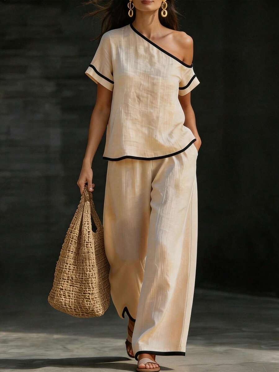 Womens Beige Asymmetric Top An - Linen Pant Wide review and price