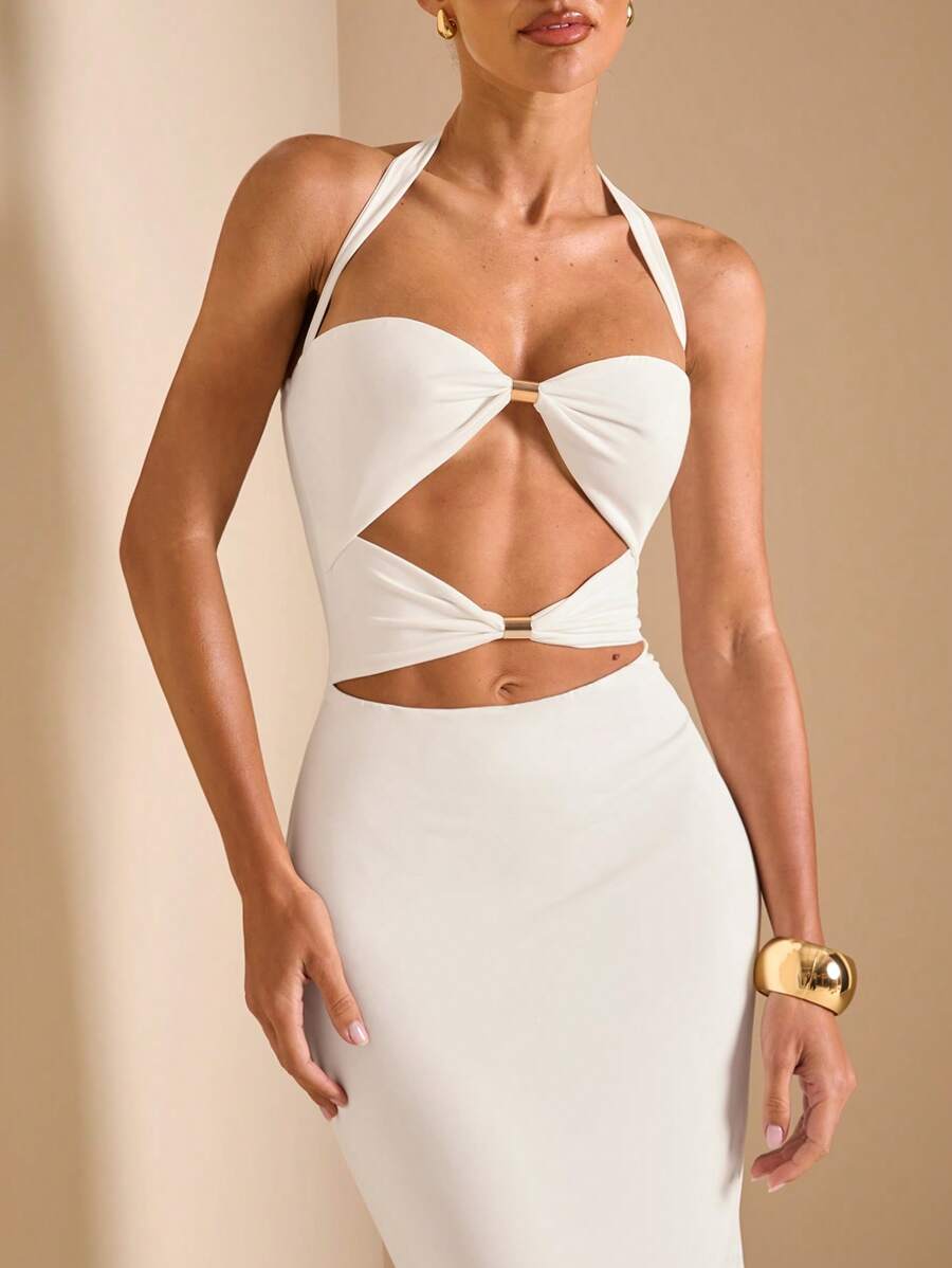White Cut Out Halter Neck Fitt - Maxi Dress Halter review and price