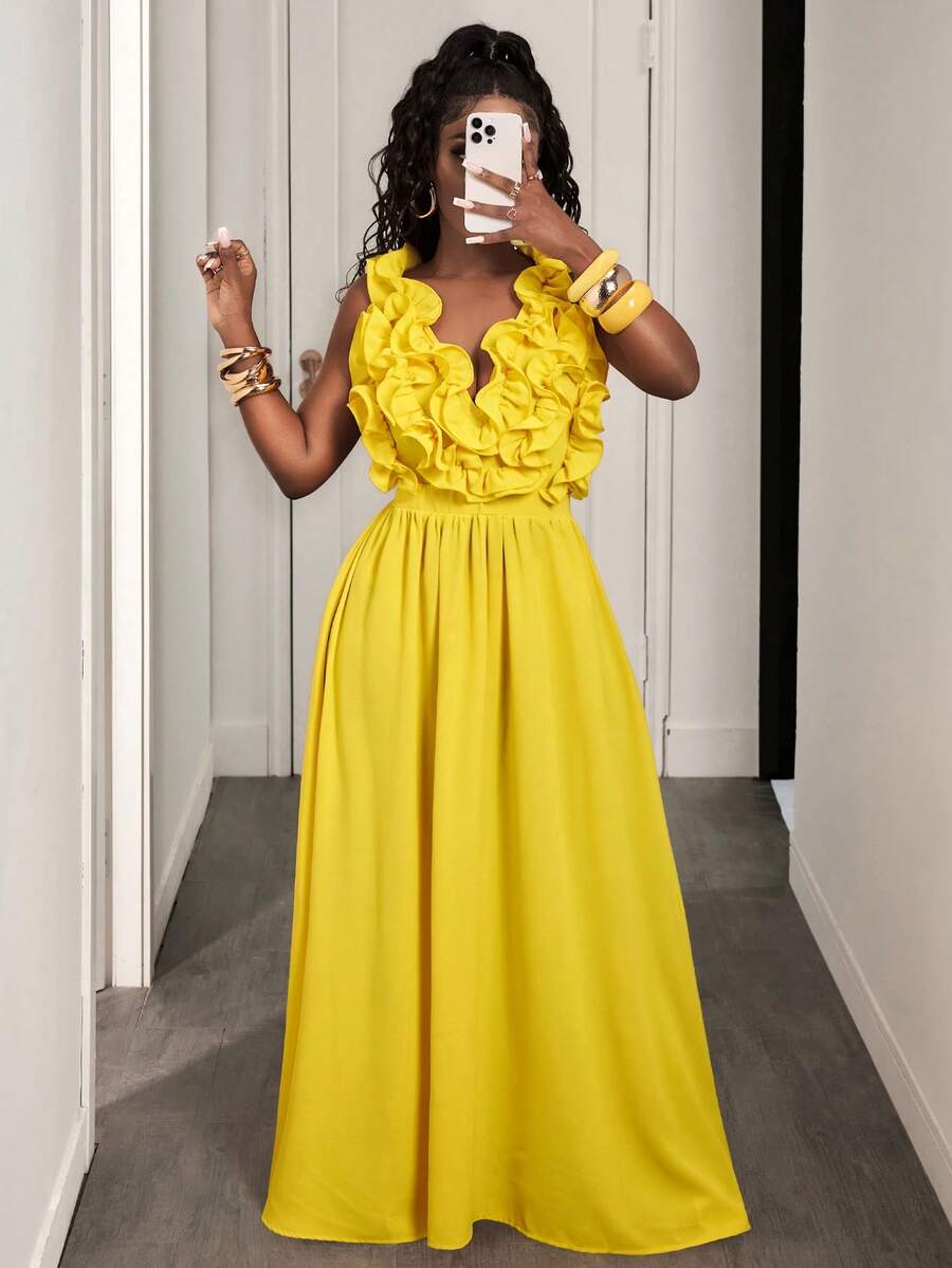 Yellow Deep V-Neck Ruffle Halt - Maxi Dress Halter review and price