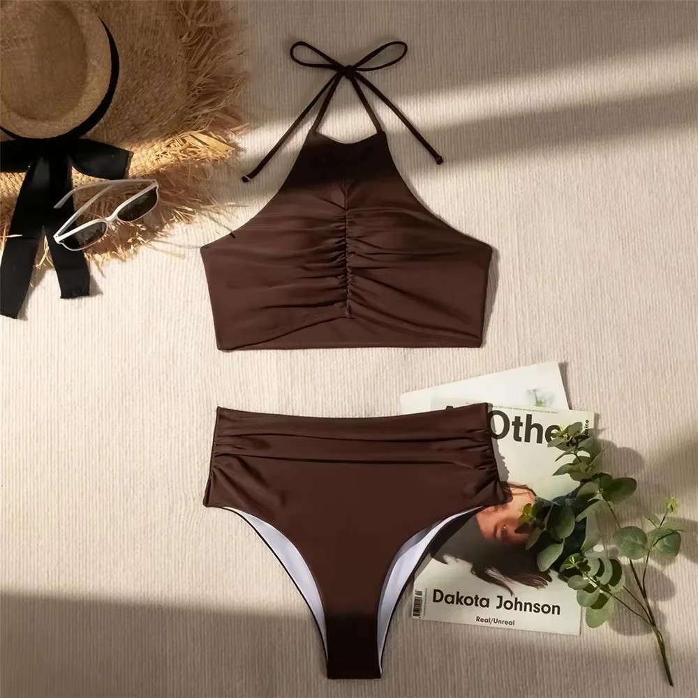 Dark Brown Solid Swimwears Hal - Swimsuit Bikini Ruched review and price