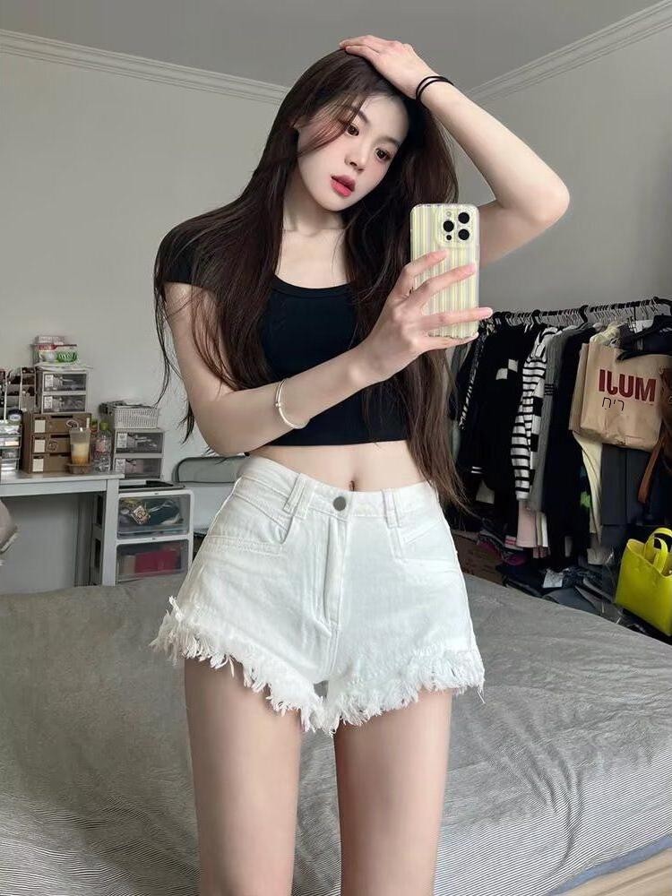 High Waist White Denim Shorts  - Shorts Denim Frayed review and price