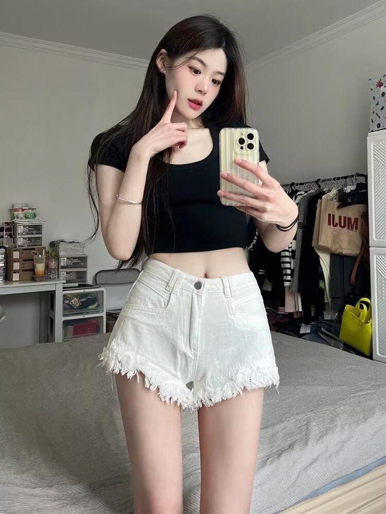 High Waist White Denim Shorts  - Shorts Denim Frayed review and price