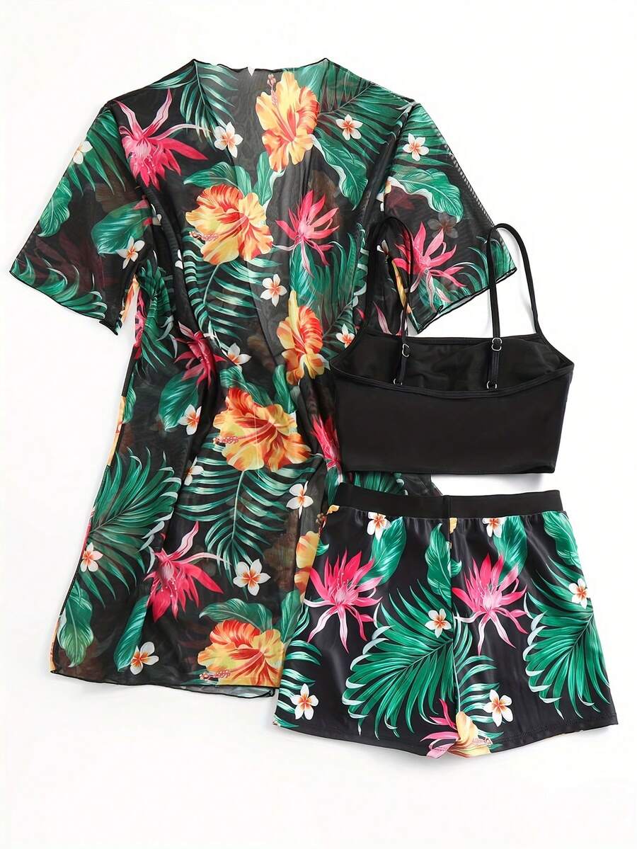 Floral Print 3-Piece Swim Set: - Kimono Sheer Floral review and price