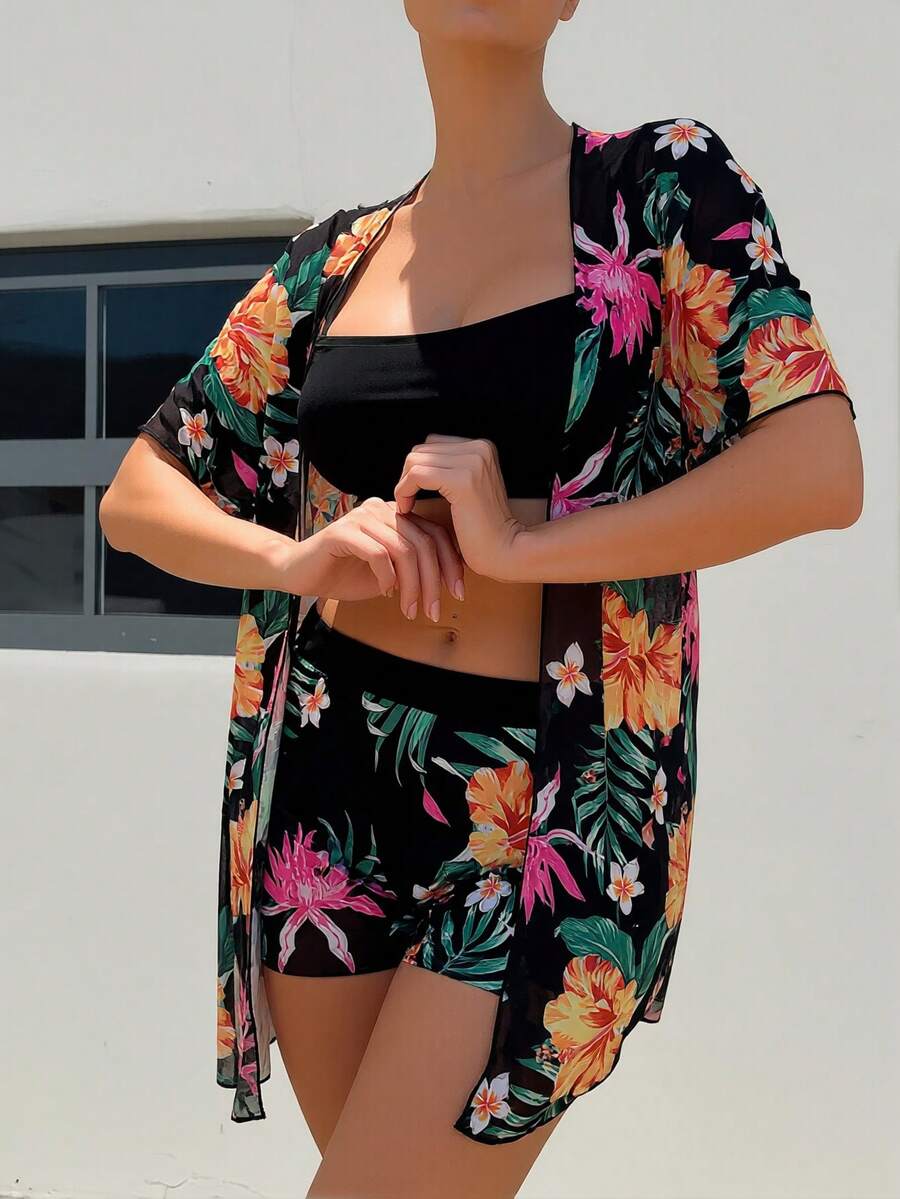 Floral Print 3-Piece Swim Set: - Kimono Sheer Floral review and price
