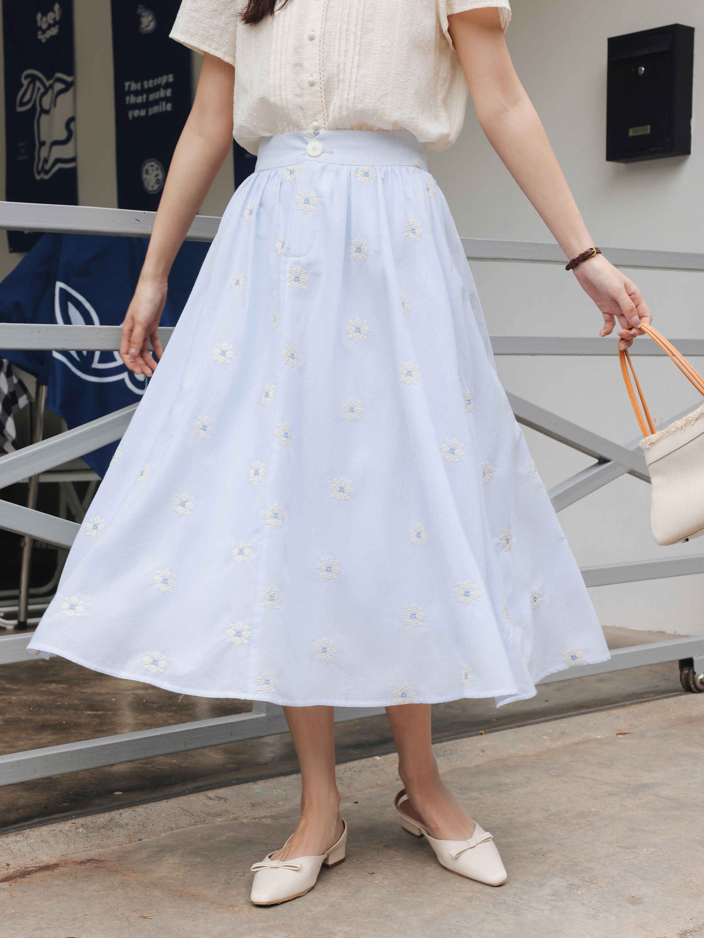Vintage White Shirt Floral Emb - Midi Skirt Floral review and price