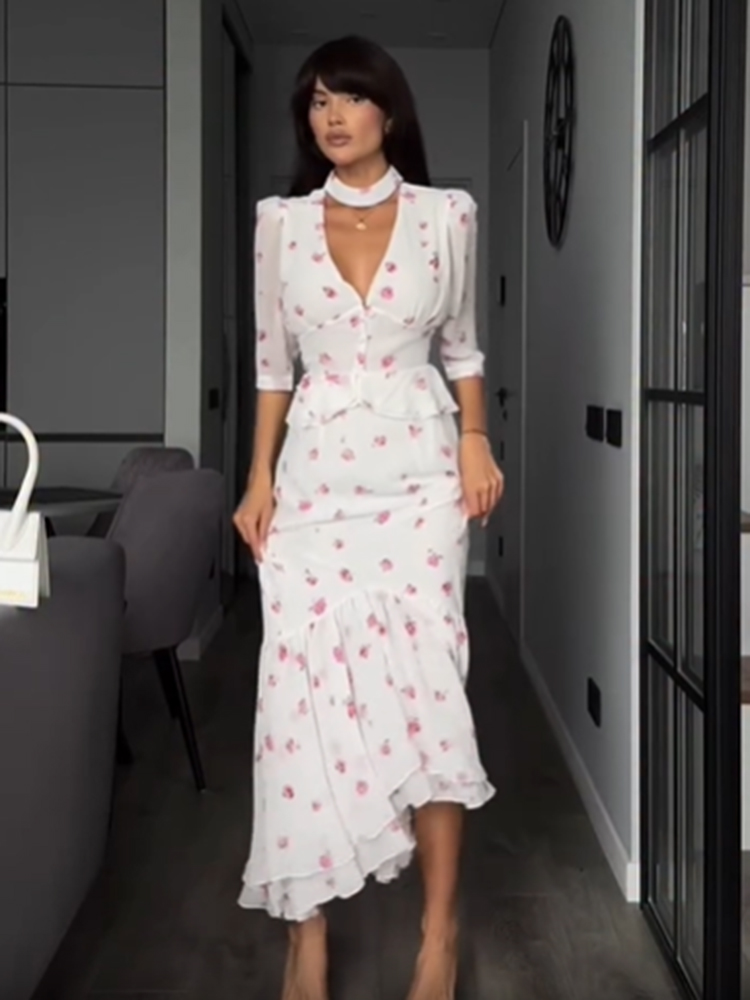 Women White Pink Floral Choker - Midi Skirt Floral review and price