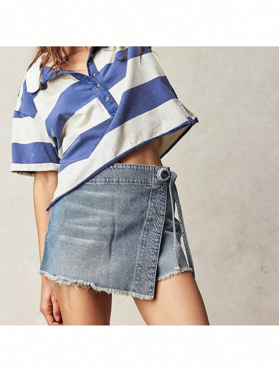 Women Denim Wrap Skort High Wa - Shorts Denim Frayed review and price