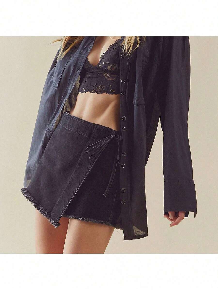 Women Denim Wrap Skort High Wa - Shorts Denim Frayed review and price