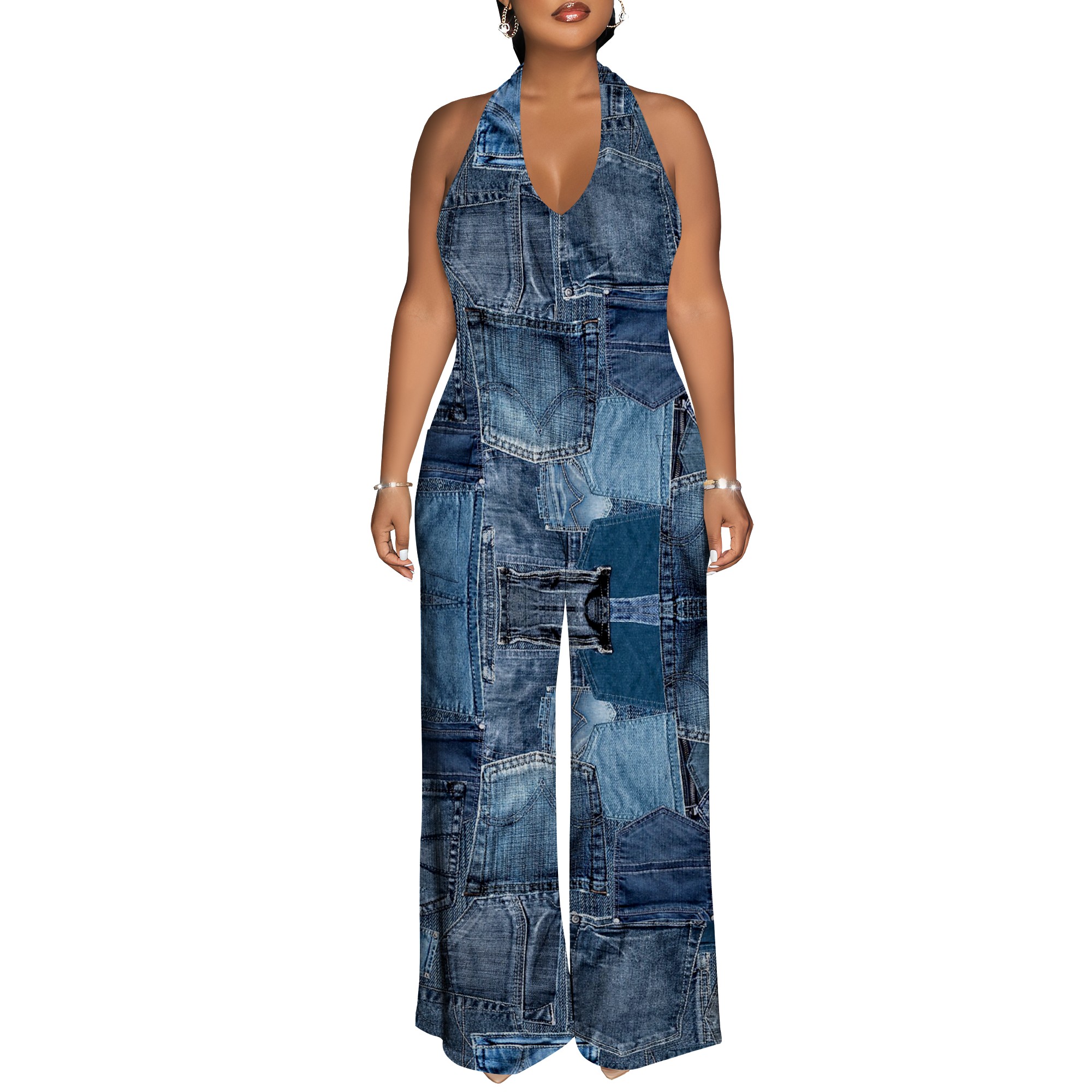 Denim Patchwork Halter V-Neck  - Maxi Dress Halter review and price