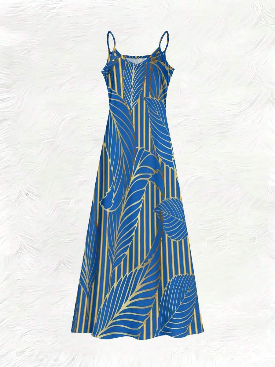 Blue Tropical Leaf Print V-Nec - Maxi Dress Halter review and price